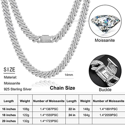 NGTC Moissanite Cuban Chain 925 Sterling Silver  Miami Cuban Chain 13mm Width
