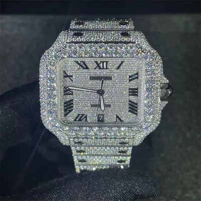 Moissanite Cartier Watch Luxury White Dial Iced Out Cartier Watch ODM Custom Watches For Men