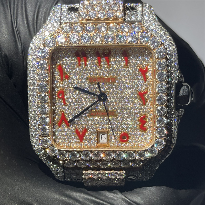 GRA Round Brilliant Cut Moissanite Watch Santos Iced Out Diamond Watch