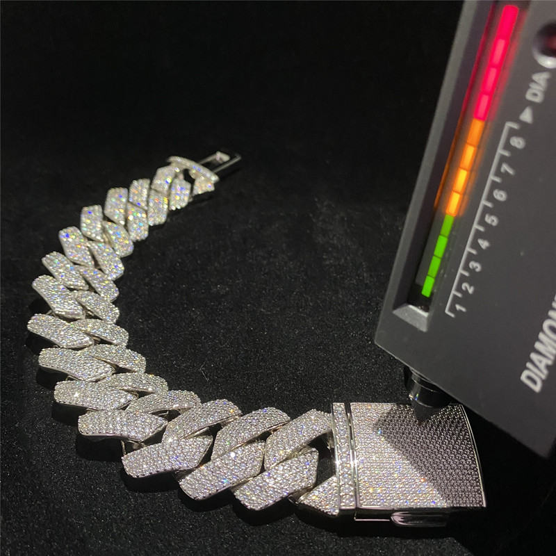 18mm Vvs Moissanite Hip Hop Cuban Chain Bracelet Claw Setting 925 Sterling Silver
